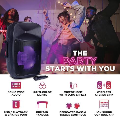 Ion Pro Glow Ultra - High-Power Bluetooth PA Speaker System with Lights, Karaoke Microphone, USB Playback, USB Charge Port, Aux In, App Control, 300W in Saudi Arabia