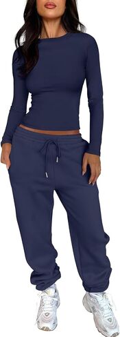 ANRABESS المرأة 2 قطعة Sweatsuits كم طويل ضيق قميص قمم الركض الصوف Sweatpants مجموعات 2026 الخريف العرق صالة وتتسابق in Kuwait