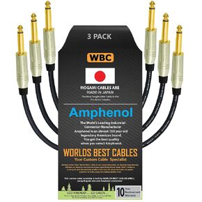 WORLDS BEST CABLES 3 Units - 12 Inch - Pedal, Effects, Patch, Instrument Cable Custom Made Using Mogami 2319 Wire & Amphenol ACPM-GN-AU M-Series Straight Gold TS Plugs