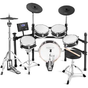 Fesley Electric Drum Set with Independent Kick Snare Drum HiHat Cymbal: Real Sample Sound Source, Bluetooth Electronic Drum Set with Dual Zone Mesh Drum Pad, Three Zone Cymbal Full Size Adult Drum Set