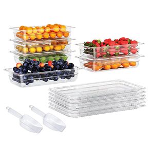 6 Pack Plastic Food Pan with Lid 1/3 Size 4 Inch Deep Restaurant Clear Food Storage Containers Polycarbonate Commercial Hotel Pans for Fruits Vegetables Beans Corns (6 PCS, 4'' Deep)