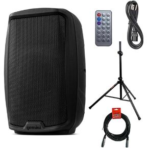 Gemini Sound AS-2110BT Active 10 Inch Woofer 1000W Watt DJ Monitor Powered Amplified PA Speakers System with Bluetooth Bundle with Auray SS-4420 Steel Speaker Stand and XLR Cable