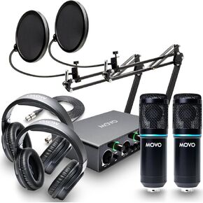 Movo PodKit2AH Podcast Equipment Bundle for 2 Condenser Microphone Kit with MDX-1 2x2 USB-C Audio Interface and Articulating Scissor Arm Mic Stand (with Headphones)