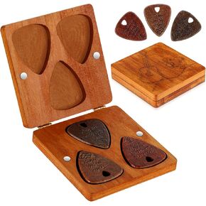Guitar Pick Box Holder with 3 Pcs Wooden Guitar Picks Guitar Picks Holder Guitar Pick Case Wooden Guitar Pick Box with Triangle Guitar Picks for Music Instrument Birthday Christmas Gift