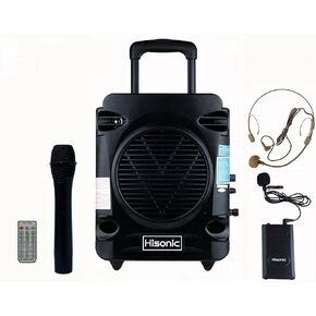Hisonic HS700 True RMS 35 Watts Rechargeable & Portable PA System with Built-in VHF Wireless Microphones, Bluetooth Connected with Cellphone,Pad,Music Player/Recorder & FM Radio, Color Black