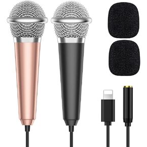 ميكروفون صغير لجهاز iPhone iPad، ميكروفون ASMR صغير الحجم لتسجيل الصوت والفيديو والغناء ومدونات الفيديو وميكروفونين على YouTube باللون الذهبي الوردي والأسود