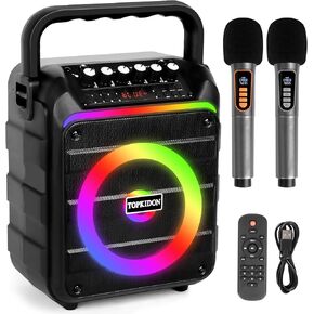 Karaoke Machine with Two Wireless Microphones, Portable Karaoke Machine for Adults & Kids, Karaoke Microphone with PA System, LED Lights, Karaoke Speaker Supports for TF Card/USB, AUX in, FM, REC,TWS