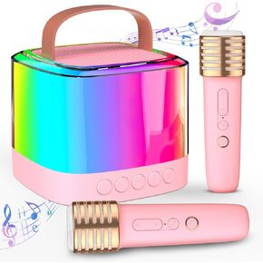 Mini Karaoke Machine for Kids Adults, Portable Bluetooth Karaoke Speaker with 2 Wireless Mics and LED Color Lights, Inside The Car, Party, Home KTV, Birthday for Girls/Boys Ages 3-12+, Pink