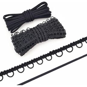 IDONGCAI 6 Yards Petite Braid Lace Trim with Elastic Button Loop 6 Yards Elastic Cord for Sewing Bridal Wedding Dress Costume (Black)