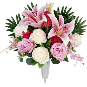 HENOMO Artificial Cemetery Flower with Vase for Headstone, Outdoor Grave Decoration，Florist-Arranged Memorial Bouquet:Orange Rose and White Mum Mix,Easy Fit