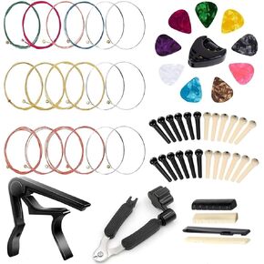Guitar strings kit Guitar Accessories Kit Guitar Tool Changing Kit Include Acoustic Guitar Strings,Capo,3-in-1 Restring Tool,Picks,Picks Box,Bridge Pins, Nuts & Saddles (58 Pcs)