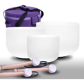 Perfect Pitch 432Hz Frosted Chakra set of 3 PCS 12" C, 10" E 7" A Quartz Crystal Singing Bowl mallet and o-ring included
