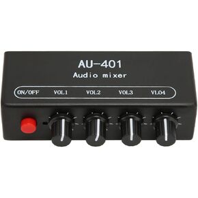 Audio Mixer, 4 in 1 Out Independent Volume Control 3.5mm Stereo Socket 2x Amplification Line Mixer Anti Interference Durable Metal Housing Mini Audio Mixer for PC, Cell Phones, Laptops