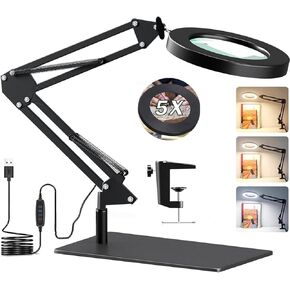 Magnifying Glass with Light and Stand,10X Magnifying LED Desk Lamp with Base & Clamp,3 Color Modes,10 Adjustable Brightness 2-in-1 Adjustable Swivel Arm Lamp Craft Light for Hobby Reading
