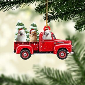 Talataca Pomeranian 2D Flat Christmas Ornament, Pomerania Wearing Christmas Hat Reindeer Pom Dog Pine Tree Decor, Hanging House Charm Eve Keepsake, Car Rear View Mirror Accessories, Xmas Gift