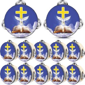 12 Pcs 4 Inch Tambourine Dove Bible Church Tambourine with Singe Row Jingle Handbell Clap Drum Tambourine for Adults Wooden Percussion Musical Instrument Gift for Pray Church Party