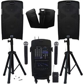 MUSYSIC Portable PA System with Microphone and Speakers – 5 Ch Audio Mixer Built-in 2000W Amp & Wireless UHF Microphone System,USB/SD Card/Bluetooth/FM/RCA Complete w/Stands - 10" Speaker