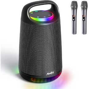 Moukey Portable Bluetooth Outdoor Party Speaker, IPX5 Waterproof PA Speaker with Wireless Karaoke Microphones, Rechargeable Battery, 3 Speakers, RGB Lights, 800W Max Power