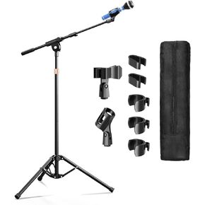 Mic Stand, Heavy Duty Tripod Microphone Stand Boom Arm Floor Mic Stand Height Adjustable with Carrying Bag and 2 Mic Clips for Singing Performance, Home studio recording, Podcast and Stage