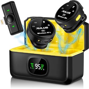 ميكروفون RULUS اللاسلكي Lavalier لهاتف iPhone، حافظة شحن 800 مللي أمبير/ساعة، ميكروفون لاسلكي طية صدر السترة 30 ساعة، 2.4 جيجا هرتز، إلغاء الضوضاء، وضع ريفيرب لتسجيل الفيديو، يوتيوب، مقابلة (البرق)