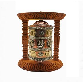 KHUSI Tibetan Prayer Wheel, with 8 Auspicious Symbols Ashtamangal and 'Om Mani Padme Hum' - Peaceful Decor Gift - Wood Frame, Brass & Copper Wheel