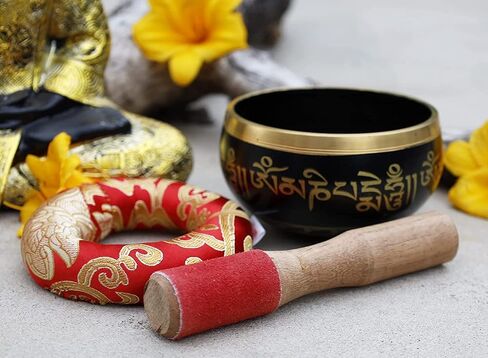 Tibetan Medium Size Singing Bowl Complete Set With Mallet and Brocade Cushion ~ For Meditation, Chakra Healing, Prayer, Yoga in Saudi Arabia