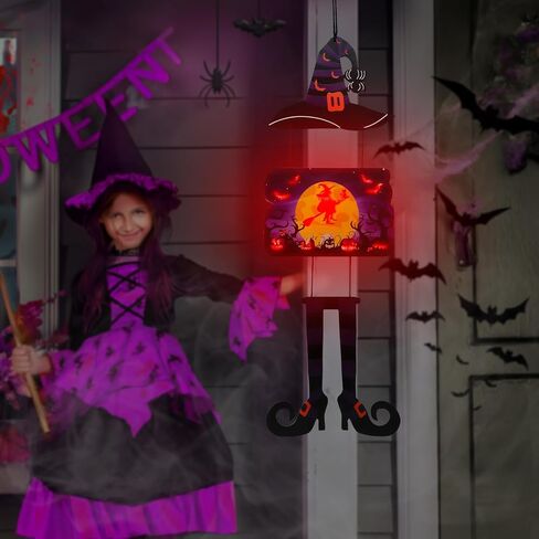 Halloween door hanger,Wooden Halloween Decoration Witch Welcome Sign with Lights, Spooky, Bat, Ghost & Cute Broom Combination for Farmhouse Front Door Porch Wall Decor- Violet (Battery not included) in Saudi Arabia