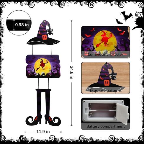 Halloween door hanger,Wooden Halloween Decoration Witch Welcome Sign with Lights, Spooky, Bat, Ghost & Cute Broom Combination for Farmhouse Front Door Porch Wall Decor- Violet (Battery not included) in Saudi Arabia