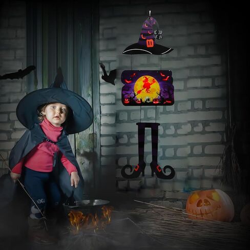 Halloween door hanger,Wooden Halloween Decoration Witch Welcome Sign with Lights, Spooky, Bat, Ghost & Cute Broom Combination for Farmhouse Front Door Porch Wall Decor- Violet (Battery not included) in Saudi Arabia