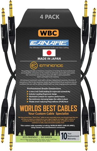 WORLDS BEST CABLES 4 Units - 6 Inch - Canare L-4E6S, Star Quad Balanced TRS Patch Cable with Eminence Gold E502 TRS Stereo Plugs - Custom Made in Saudi Arabia