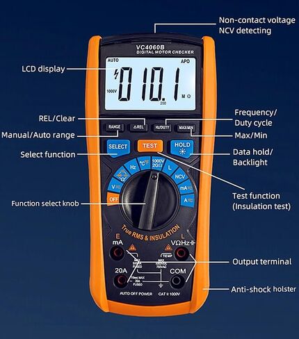 Megohmmeter Insulation Resistance Meter, 250V/500V/1000V, 1999 Count, Measures 0.1MΩ~2000MΩ, Auto Range, Backlit LCD, AC/DC Voltage Measurement, Data Freeze, Low Battery Indicator (VC60B+) in Saudi Arabia