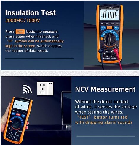 Megohmmeter Insulation Resistance Meter, 250V/500V/1000V, 1999 Count, Measures 0.1MΩ~2000MΩ, Auto Range, Backlit LCD, AC/DC Voltage Measurement, Data Freeze, Low Battery Indicator (VC60B+) in Saudi Arabia