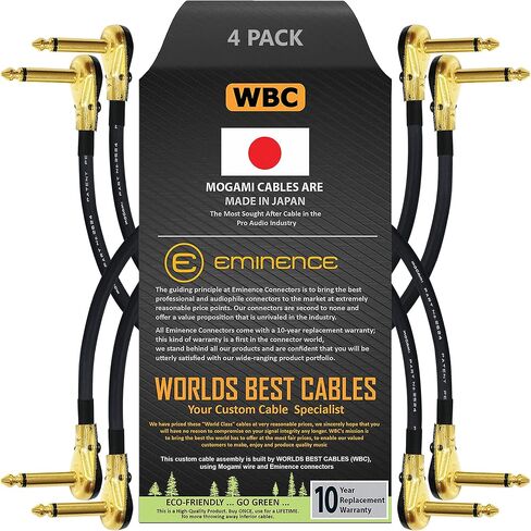 WORLDS BEST CABLES 4 Units - 10 Inch - Pedal, Effects, Patch, Instrument Cable Custom Made Made Using Mogami 2524 Wire and Eminence Gold Plated ¼ inch (6.35mm) R/A Pancake Type Connectors in Saudi Arabia