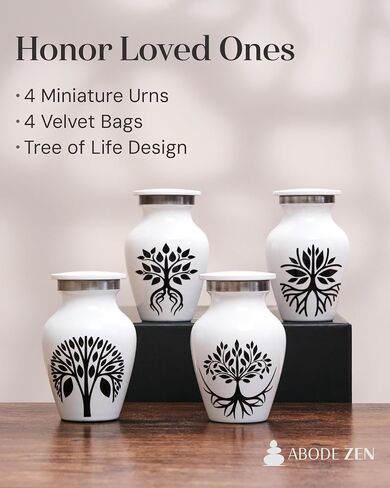 Urns for Human Ashes - Set of Four Decorative Mini Urns for Human Remains - Small Cremation Urn for Ashes - Tree of Life Design and Velvet Bag (Blue) in Saudi Arabia