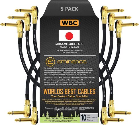 WORLDS BEST CABLES 5 Units - 10 Inch - Pedal, Effects, Patch, instrument cable CUSTOM MADE made using Mogami 2524 wire and Eminence Gold Plated ¼ inch (6.35mm) R/A Pancake type Connectors in Saudi Arabia