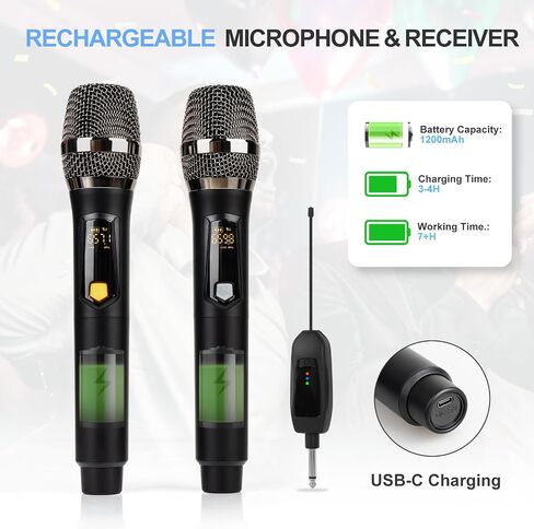 Rechargeable Wireless Microphone, Two Cordless UHF Mics Plug and Play for Karaoke Singing, Lecture, Wedding Host, Church, Stage Performance(Black) in Saudi Arabia
