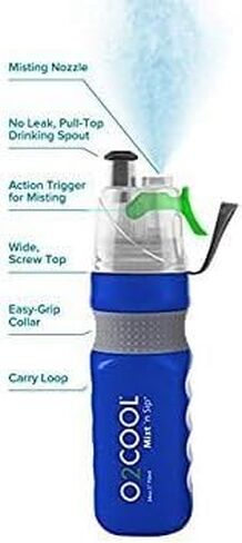 زجاجة مياه O2COOL Mist 'N Sip Misting 2 في 1 وظيفة الرذاذ والرشفة مع عدم وجود تسرب للطاقة وتدفق الطاقة وحزام سحب علوي وزجاجة مياه رياضية قابلة لإعادة الاستخدام - 24 أونصة - أزرق in Kuwait