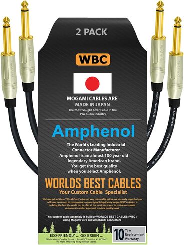 WORLDS BEST CABLES 2 Units - 8 Inch - Pedal, Effects, Patch, Instrument Cable Custom Made Using Mogami 2319 Wire & Amphenol ACPM-GN-AU M-Series Straight Gold TS Plugs in Saudi Arabia