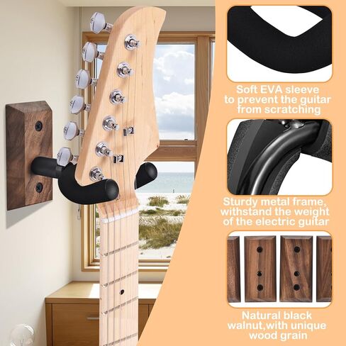 DOMMI Guitar Wall Mount 2 Pack, Guitar Holder with Rotatable Soft Guitar Hook for All Size Guitars, Hardwood U-Shaped Guitar Hanger Wall Mount for Acoustic, Electric Guitar, Bass, Black Walnut (black) in Saudi Arabia