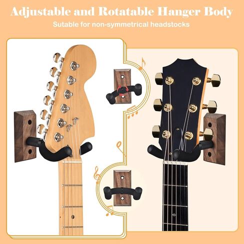 DOMMI Guitar Wall Mount 2 Pack, Guitar Holder with Rotatable Soft Guitar Hook for All Size Guitars, Hardwood U-Shaped Guitar Hanger Wall Mount for Acoustic, Electric Guitar, Bass, Black Walnut (black) in Saudi Arabia