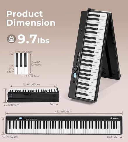 بيانو Vangoa القابل للطي 88 مفتاحًا شبه مرجح وقابل للطي ولوحة مفاتيح بيانو محمول بالحجم الكامل مع اتصال لاسلكي ومفاتيح مضيئة ودواسة مستدامة وحقيبة يد in Kuwait
