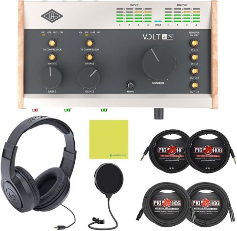 Universal Audio Volt 476 USB-C Audio Interface Bundle w/Samson Over-Ear Stereo Headphones, 2-Pack Pig Hog 8mm XLR Mic Cable, 2-Pack Pig Hog "Black Woven" Instrument Cable, & Liquid Audio Pop Filter in Saudi Arabia