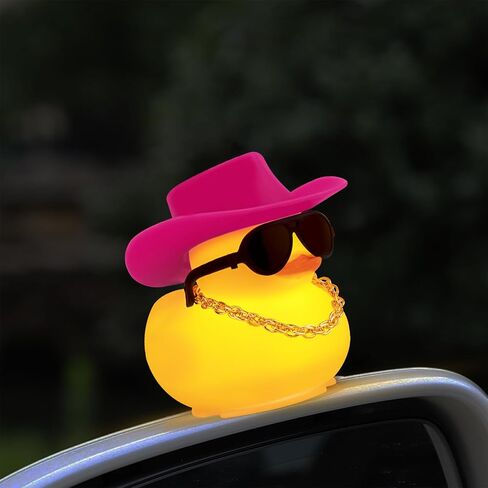 wonuu Yellow Rubber Duck with Light Glowing Rubber Ducks, Car Accessories Ornament Dashboard Decoration Home Decor with Sunglasses Necklace Cowboy Hat, Pink in Saudi Arabia