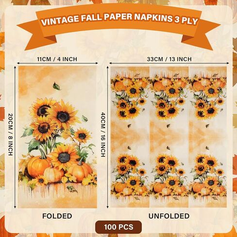 Homlouue 100 PCS Thanksgiving Pumpkin Paper Napkins, 3-Ply Fall Napkins, Thanksgiving Napkins Disposable, Fall Hand Towels Paper, Guest Disposable Hand Towels for Bathroom Kitchen Home (13"x15.8") in Saudi Arabia