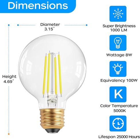 QiMH G25 Globe LED Light Bulb, 8W Vintage Edison Bulbs for Bathroom Makeup Mirror Decorative, Clear Glass 2700K Warm Light Bulbs, 80W Equivalent, 1000LM, Medium E26 Base, Non-dimmable, 10 Pack in Saudi Arabia
