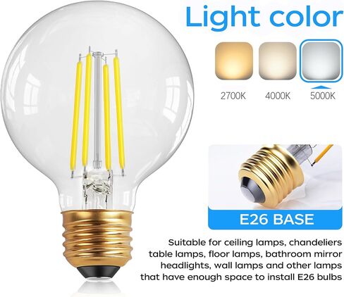 QiMH G25 Globe LED Light Bulb, 8W Vintage Edison Bulbs for Bathroom Makeup Mirror Decorative, Clear Glass 2700K Warm Light Bulbs, 80W Equivalent, 1000LM, Medium E26 Base, Non-dimmable, 10 Pack in Saudi Arabia