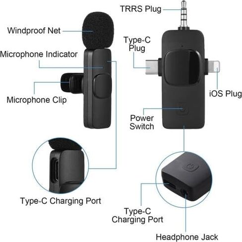 ميكروفونات Lavalier لاسلكية 3 في 1 لأجهزة iPhone، وiPad، وAndroid، والكاميرا، وUSB-C، 2.4 جيجا هرتز، وإلغاء / تقليل الضوضاء، نطاق 70 قدمًا، لتسجيل الفيديو، والبث المباشر، ومدونة الفيديو، ويوتيوب، وتيك توك in Saudi Arabia