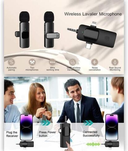 ميكروفونات Lavalier لاسلكية 3 في 1 لأجهزة iPhone، وiPad، وAndroid، والكاميرا، وUSB-C، 2.4 جيجا هرتز، وإلغاء / تقليل الضوضاء، نطاق 70 قدمًا، لتسجيل الفيديو، والبث المباشر، ومدونة الفيديو، ويوتيوب، وتيك توك in Saudi Arabia
