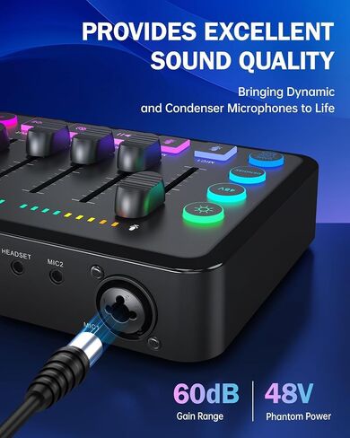 Gaming Audio Mixer, Audio Mixer for Streaming, Streaming RGB PC Mixer with XLR Microphone Interface, Volume Fader, 48V Phantom Power, for Podcast/Recording/Game Voice/Youtube/TikTok/Vocal in Saudi Arabia
