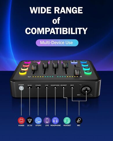 Gaming Audio Mixer, Audio Mixer for Streaming, Streaming RGB PC Mixer with XLR Microphone Interface, Volume Fader, 48V Phantom Power, for Podcast/Recording/Game Voice/Youtube/TikTok/Vocal in Saudi Arabia